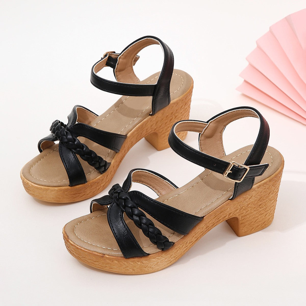 Foreign Trade Round Head Chunky Heel Ankle-strap Buckle Sandals