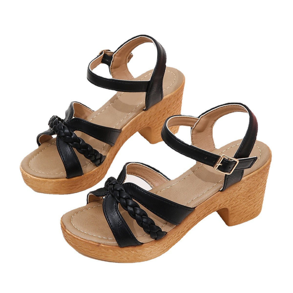 Foreign Trade Round Head Chunky Heel Ankle-strap Buckle Sandals
